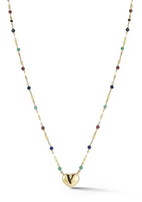 Ember Fine Jewelry 14K Gold Heart Pendant Gemstone Beaded Necklace, Made in Italy, Yellow