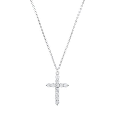 Saffron Lab Created Sterling Silver Moissanite Diamond Cross Pendant Necklace 1 CTTW, 18 in