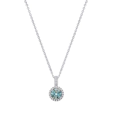 Saffron Lab Created Sterling Silver Turquoise Moissanite Diamond Halo Pendant Necklace 1 CTTW, 18 in