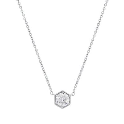 Saffron Lab Created Sterling Silver Hexagon 6 Prong Round Brilliant Moissanite Diamond Pendant Necklace 1 CTTW, 18 in