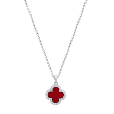 Saffron Lab Created Sterling Silver Red Clover Pendant with Moissanite Diamond Halo Necklace, 18 in
