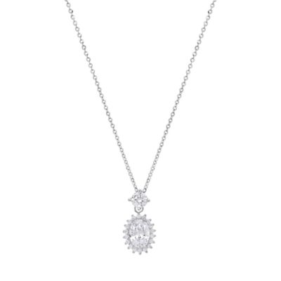 Saffron Lab Created Sterling Silver Moissanite Diamond Oval Halo Drop Necklace 2 CTTW, 18 in