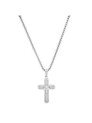 Iron Saints Men's Layered Cross Box Chain Necklace, Silver, 24 in