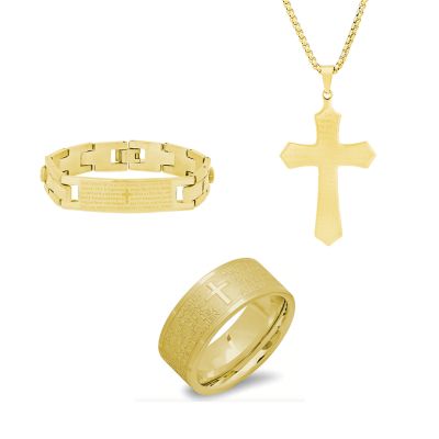 Iron Saints Faith Jewelry Set for Men Stainless Steel Bracelet, Cross Necklace & Prayer Ring Lordâs Prayer Engraved Full 3-Piece Set, Gold, 10