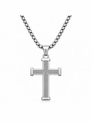 Iron Saints Men's Textured Silver Cross Box Chain Necklace, 24 in