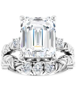 Pompeii 5 1/2Ct Diamond & Emerald Cut Moissanite Petite Leaf Engagement Set in Gold, White, 4