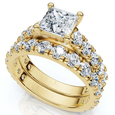 Pompeii Lab Created Certified 3Ct Princess Cut Diamond Engagement Ring Set 14k Gold Lab Grown, Yellow, 8