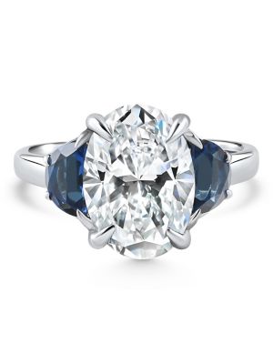 Pompeii Lab Created Certified 4.70Ct Oval Diamond & Blue Sapphire Ring 14k White Gold Lab Grown
