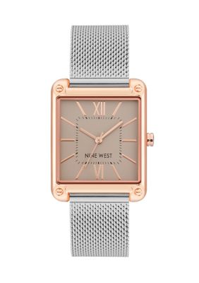 Nine West Women's Quartz Rectangle Rose Gold-Tone Stainless Steel Mesh Bracelet Watch