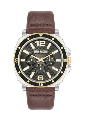 Steve Madden Men's Stylish Brown Faux Leather and Two-Tone Alloy Metal Watch