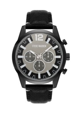 Steve Madden Men's Sophisticated Gray Faux Leather Strap Watch, Black