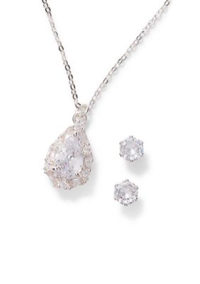 Belk Silverworks Fine Plated Cubic Zirconia Pavé Pear-Shaped Pendant Necklace and Cubic Zirconia Stud Earrings, Gold