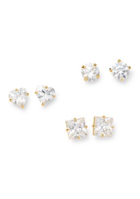 Belk Sterling Silver Sterling Silver Clear Cubic Zirconia Heart Square and Circle Stud Earring Set
