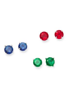 Belk Sterling Silver Sterling Silver Round Emerald Ruby and Sapphire Stud Earring Set
