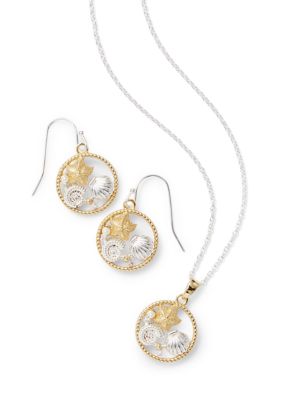 Belk Silverworks Fine Plated Two Tone Sea Life Pendant Necklace and Drop Earrings Set