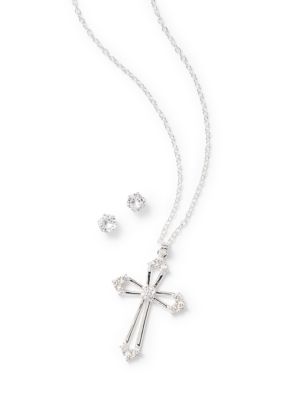 Belk Silverworks Fine Plated Cubic Zirconia Cross Necklace and Stud Earrings Set, Silver