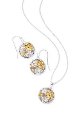 Belk Silverworks Fine Plated Two Tone Imprinted Sea life Pendant Necklace and Drop Earring Set