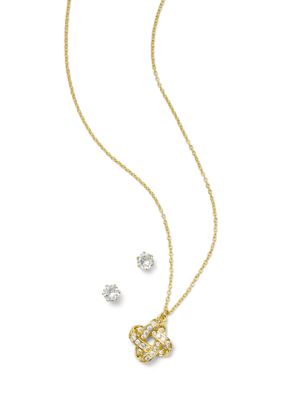 Belk Silverworks Gold Plated Cubic Zirconia Interlocking Oval Pendant Necklace And Stud Earring Set
