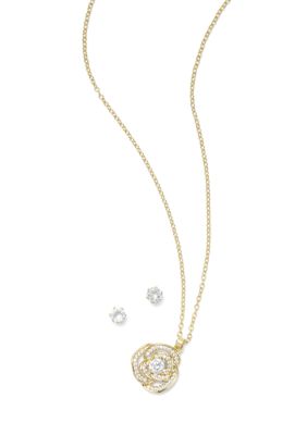Belk Silverworks Fine Gold Plated Cubic Zirconia Rose Pendant Necklace Stud Earring Set