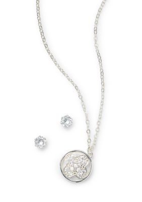 Belk Silverworks Fine Silver Plated Disc With Cubic Zirconia Clover Pendant Necklace Stud Earring Set