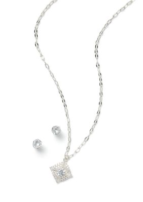 Belk Silverworks Silver Plated Cubic Zirconia Diamond Shaped Pendant Necklace And Stud Earring Set
