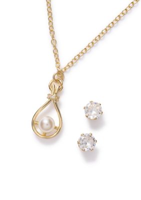 Belk Silverworks Fine Gold-Plated Pearl Pendant Necklace and Cubic Zirconia Stud Earrings