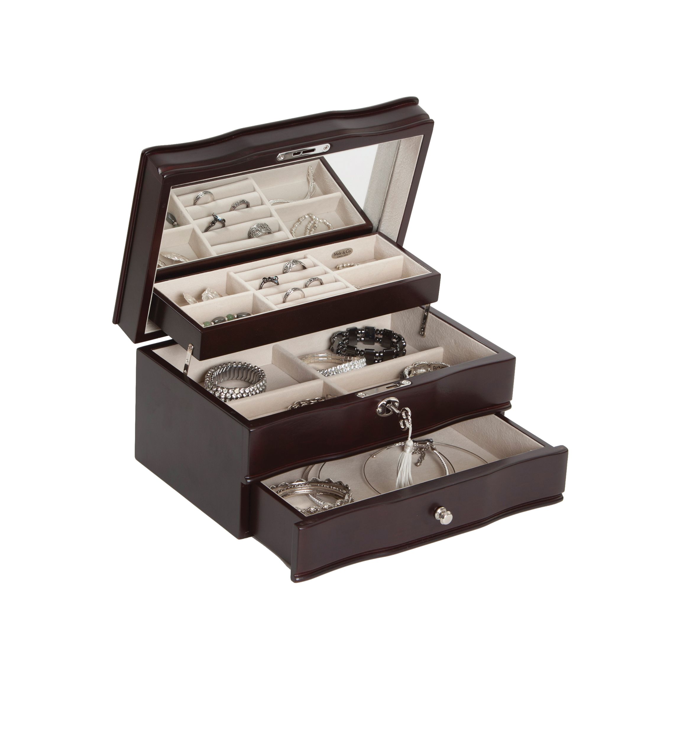 Davina Locking Wooden Jewelry Box in Mahogany Finish