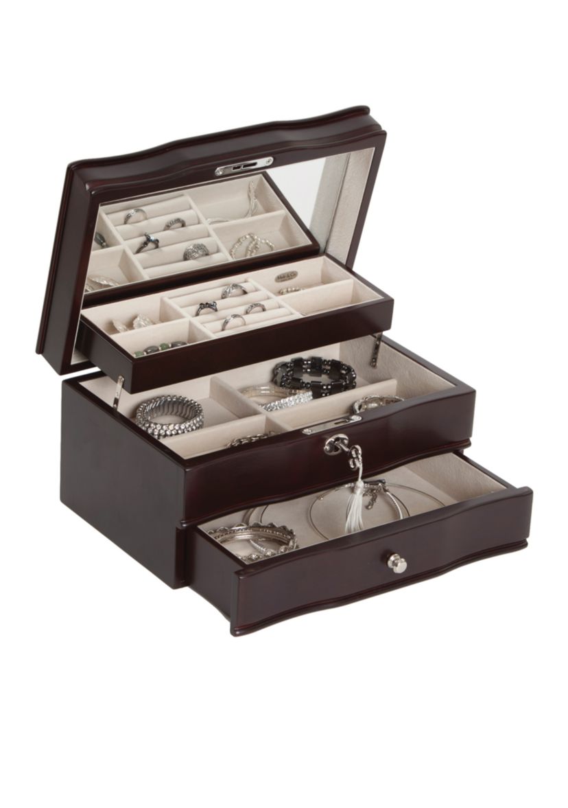 Davina Locking Wooden Jewelry Box in Mahogany Finish