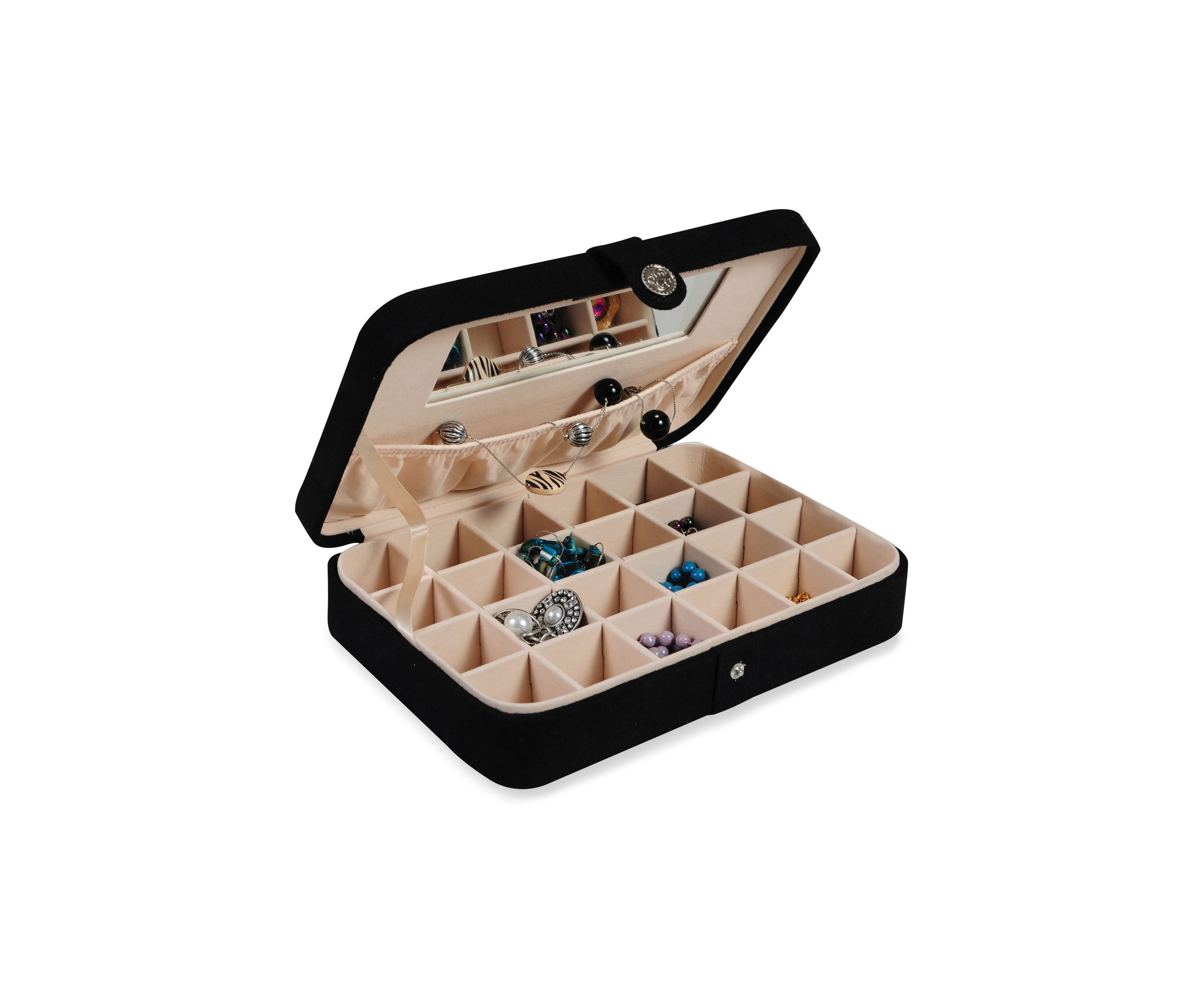 Maria Plush Fabric Jewelry Box and Ring Case with Twenty-Four Sections in Black - Online Only