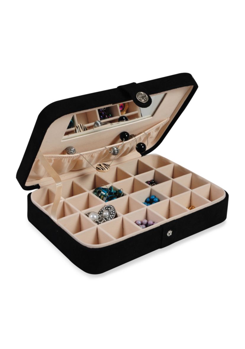 Maria Plush Fabric Jewelry Box and Ring Case with Twenty-Four Sections in Black - Online Only