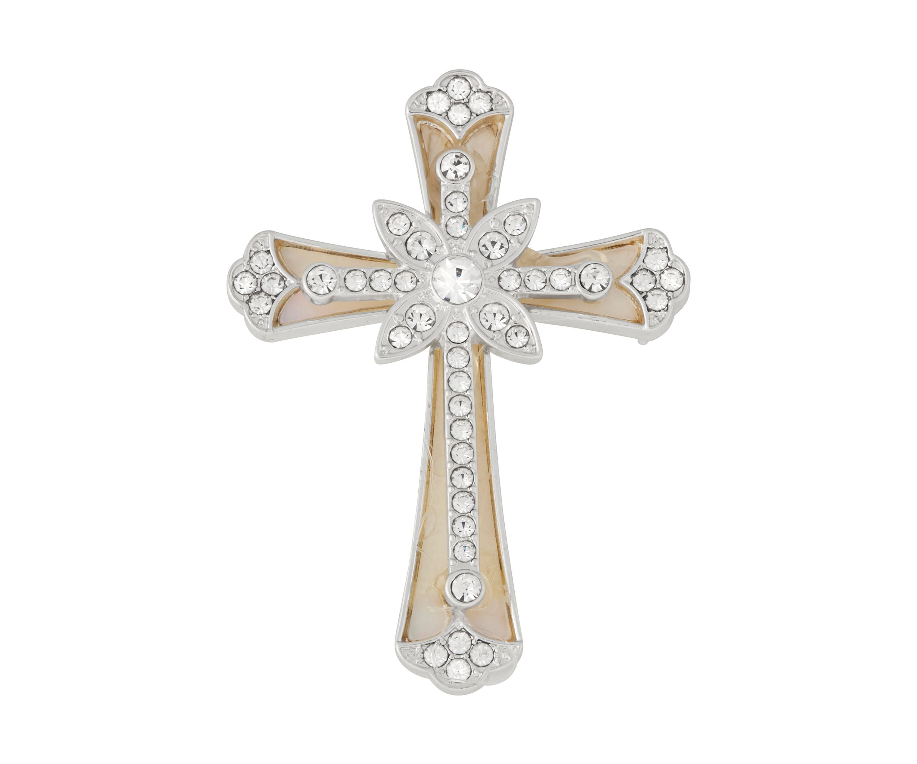 Silver Tone White Crystal Cross Pin - Boxed