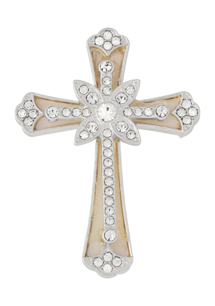 Silver Tone White Crystal Cross Pin - Boxed