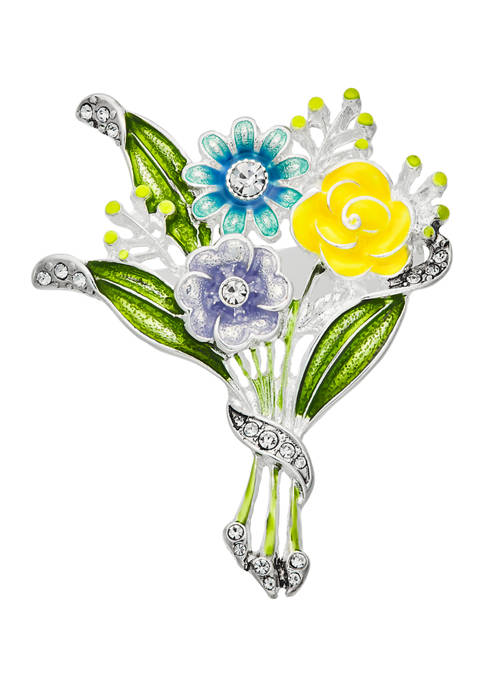 Silver Tone Multi Flower Bouquet Pin 