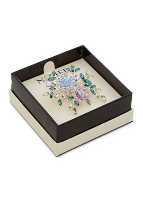 Silver Tone Stone Flower Pin - Boxed