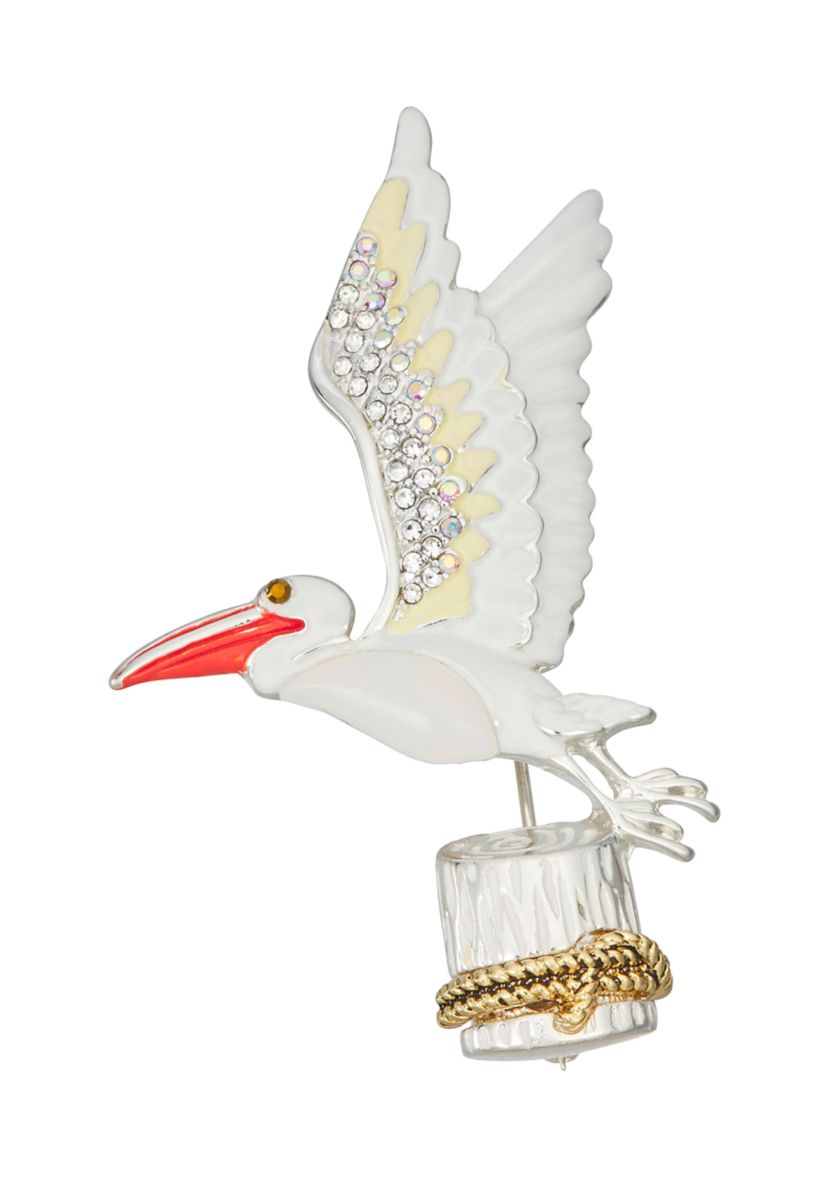 Silver Tone White Pelican Pin