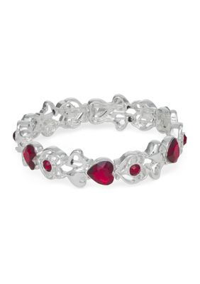 Silver Tone 7.25" Red Heart Stretch Bracelet