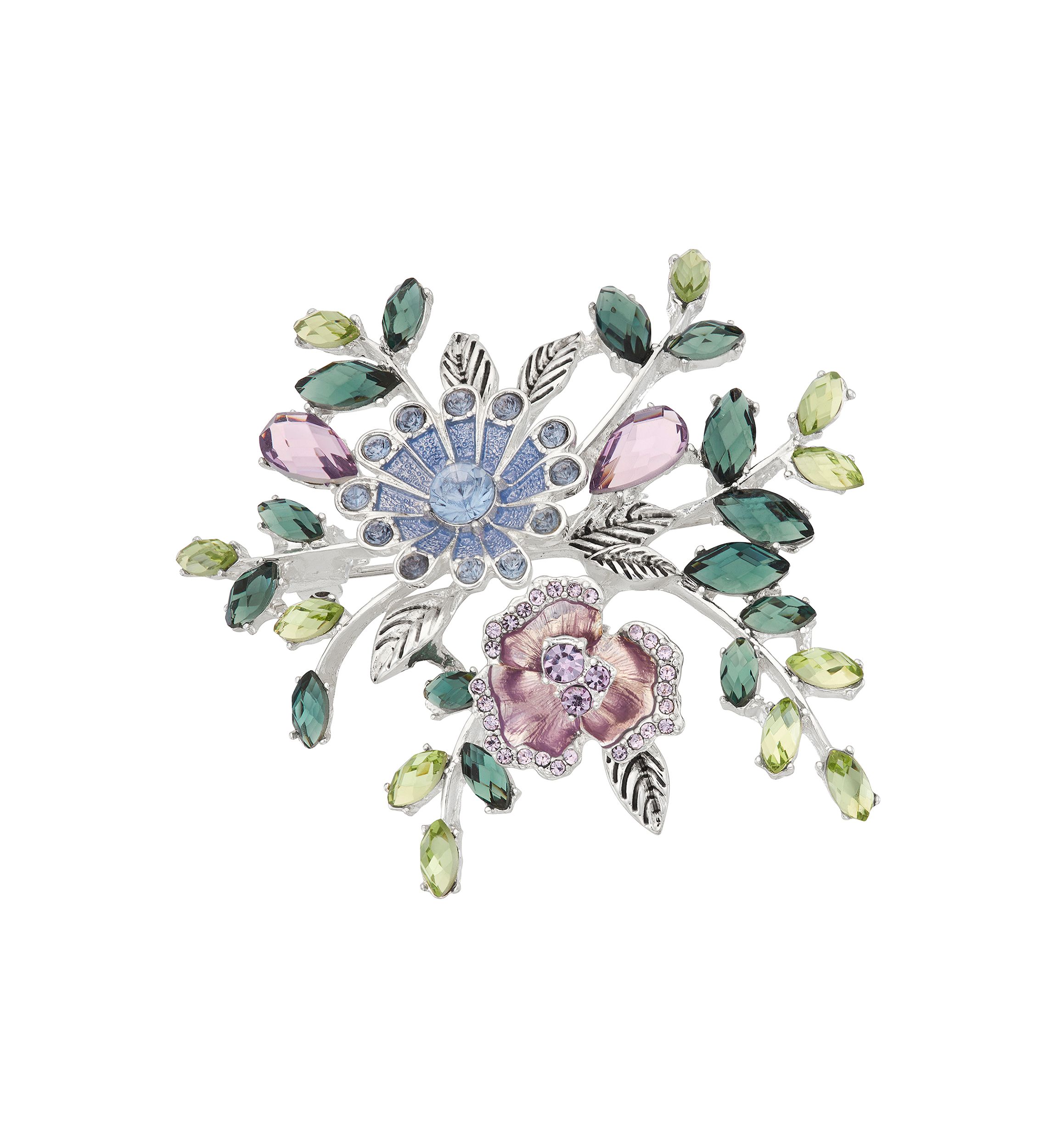 Silver Tone Stone Flower Pin - Boxed