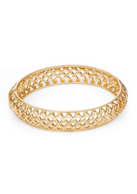 Gold Tone Patterned Hinge Bangle Bracelet