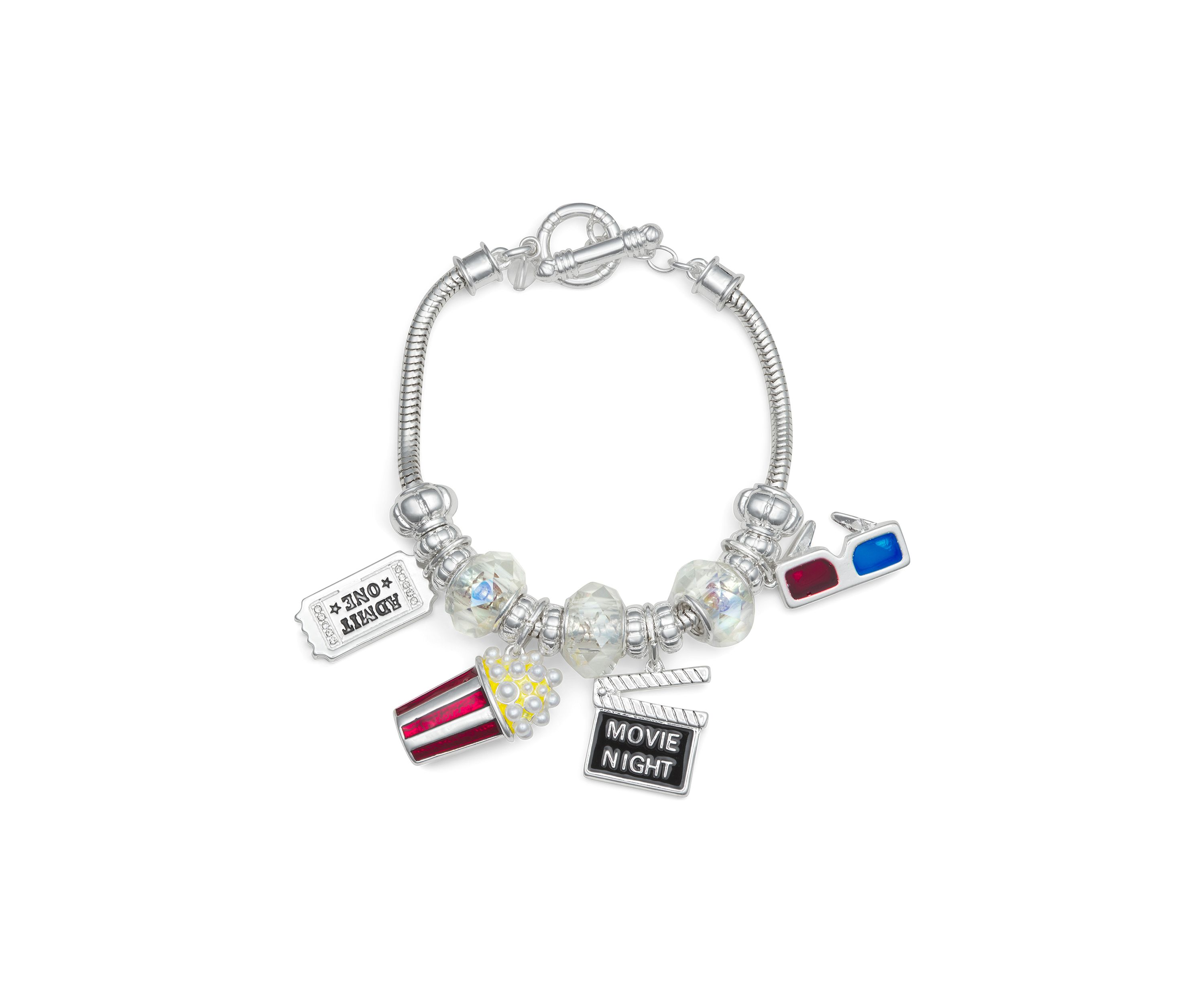 Silver Tone Boxed Multi Movies Charm Slider Bracelet