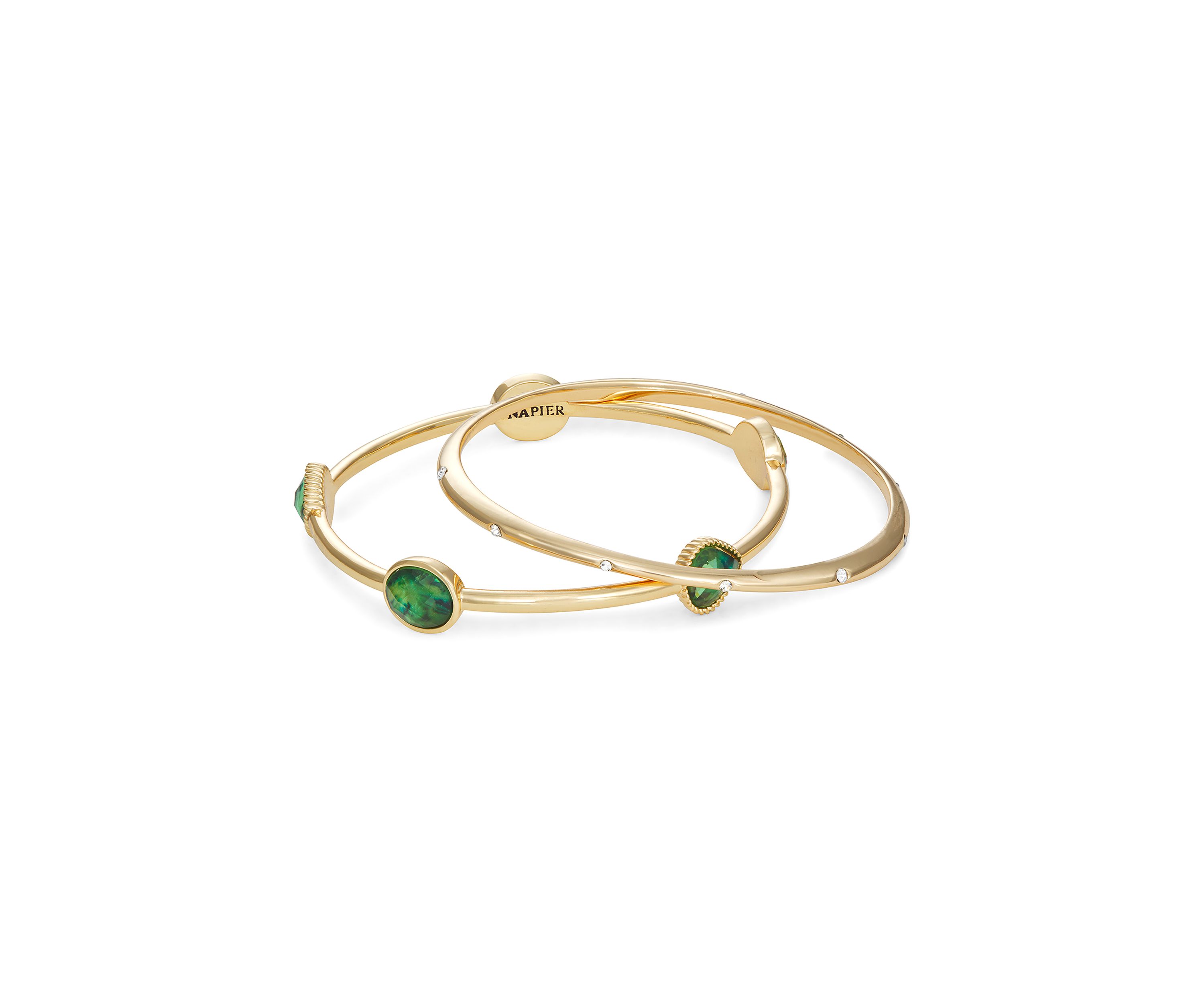 Gold Tone Green Abalone Bangle Bracelet Set