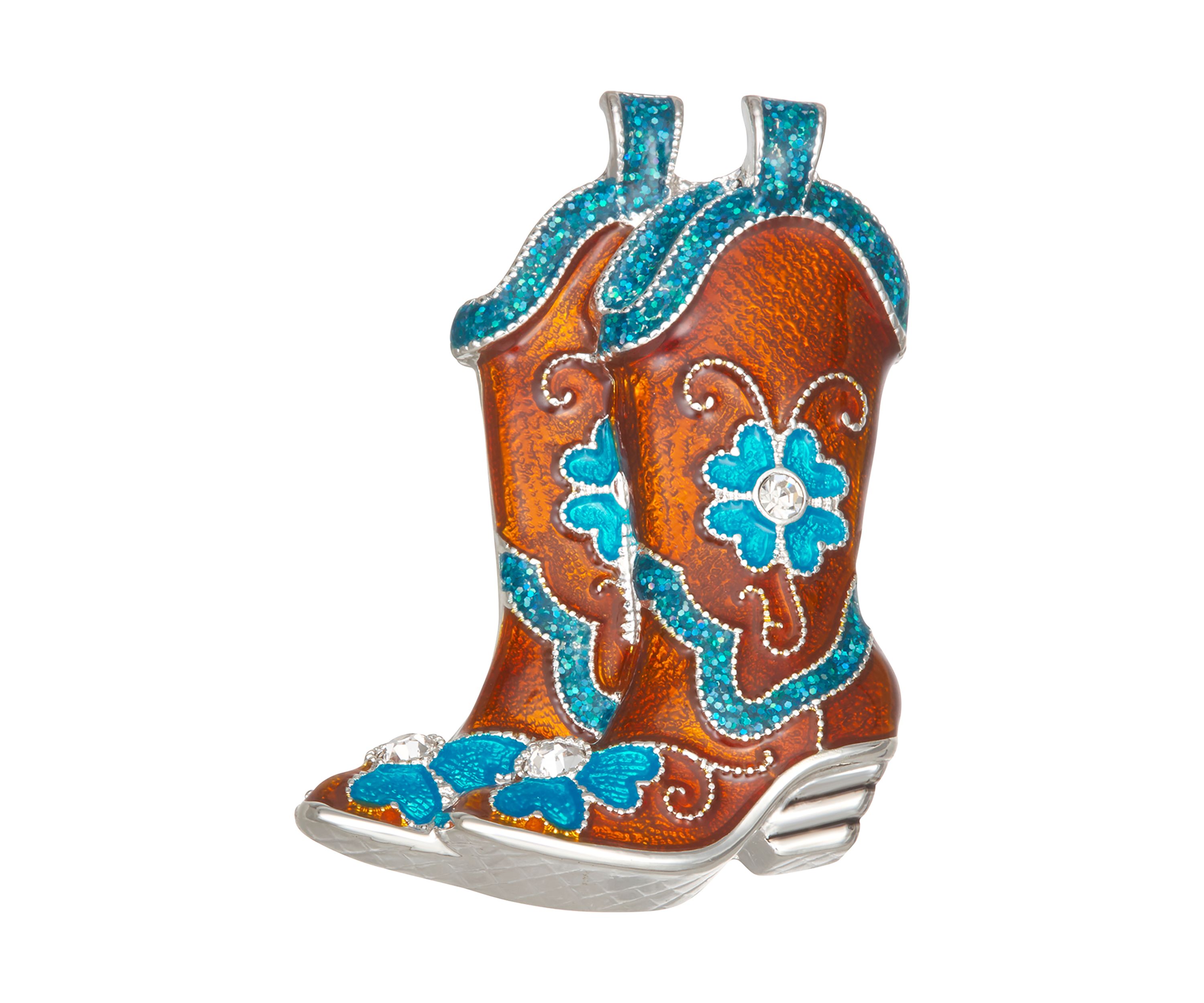 Silver Tone Blue Flower Cowboy Boots Pin