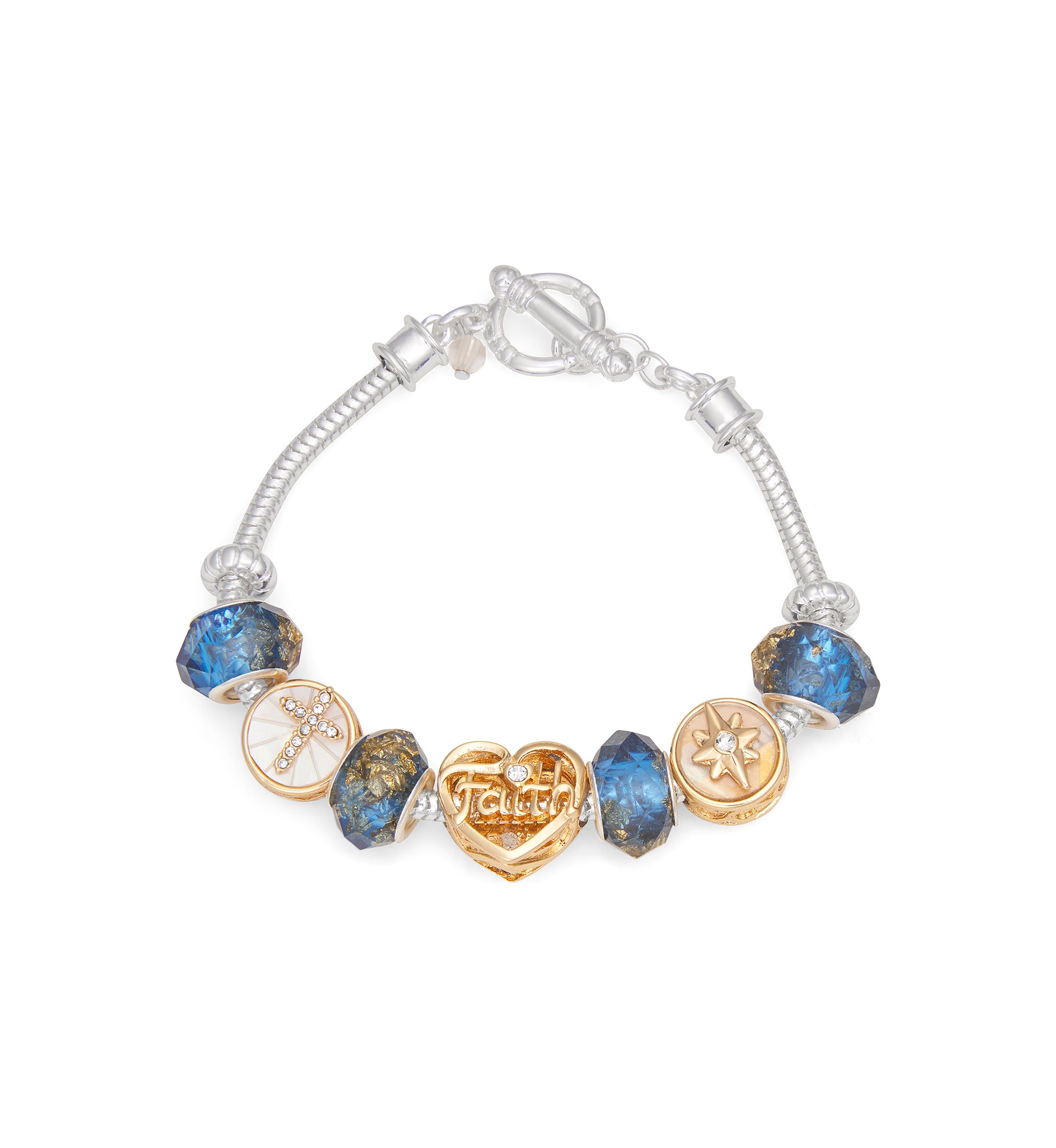 Silver Tone Blue White Faith Slider Bracelet