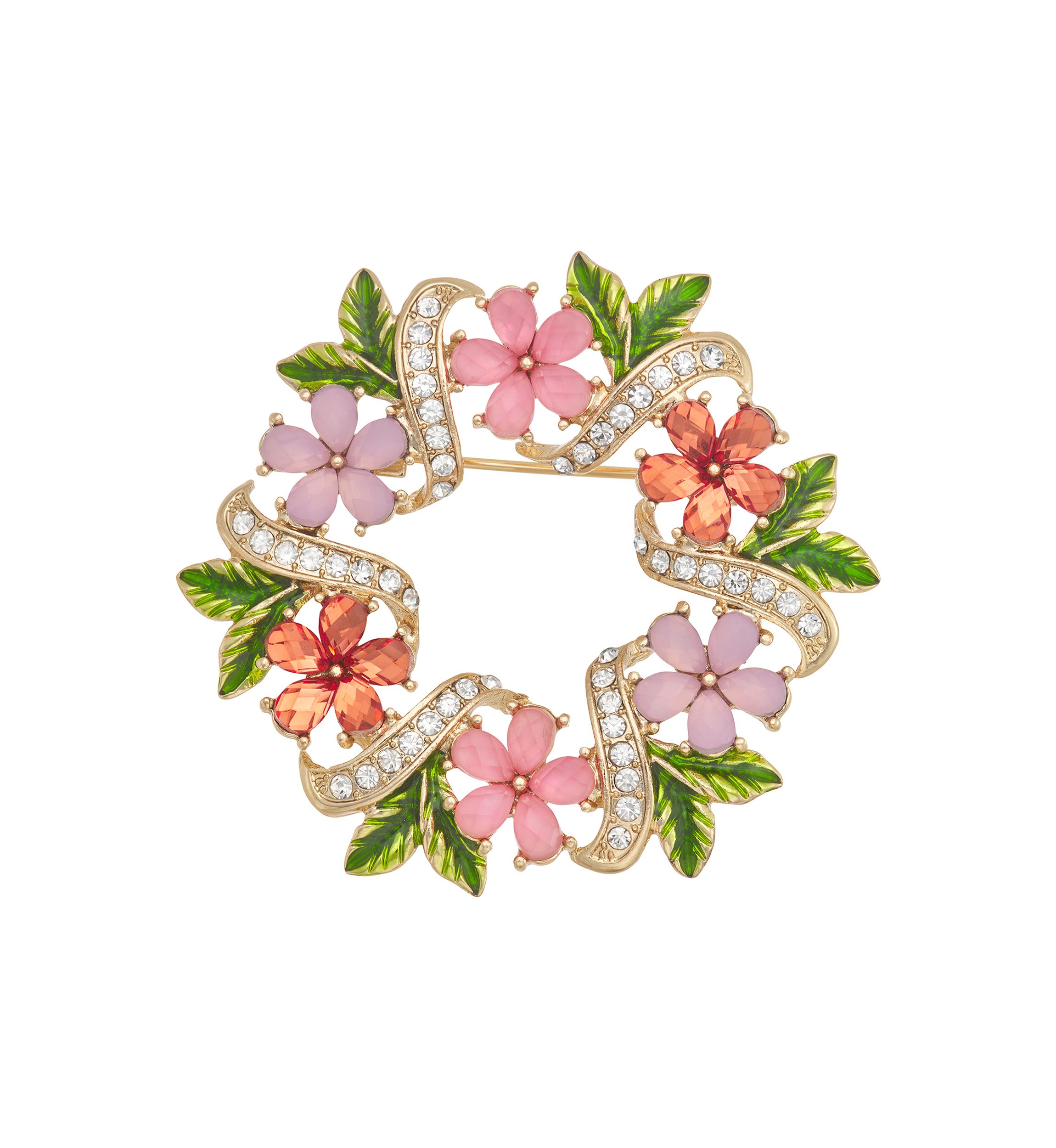 Gold Tone Pink Flower Wreath Pin