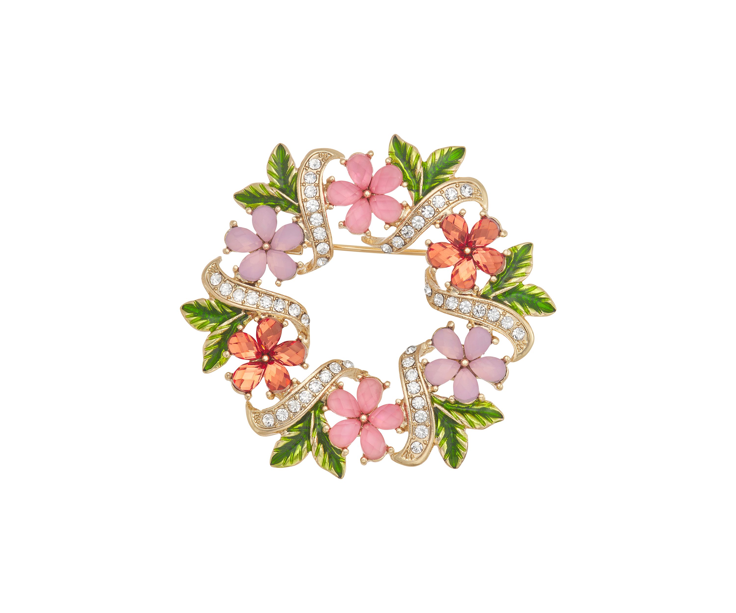 Gold Tone Pink Flower Wreath Pin