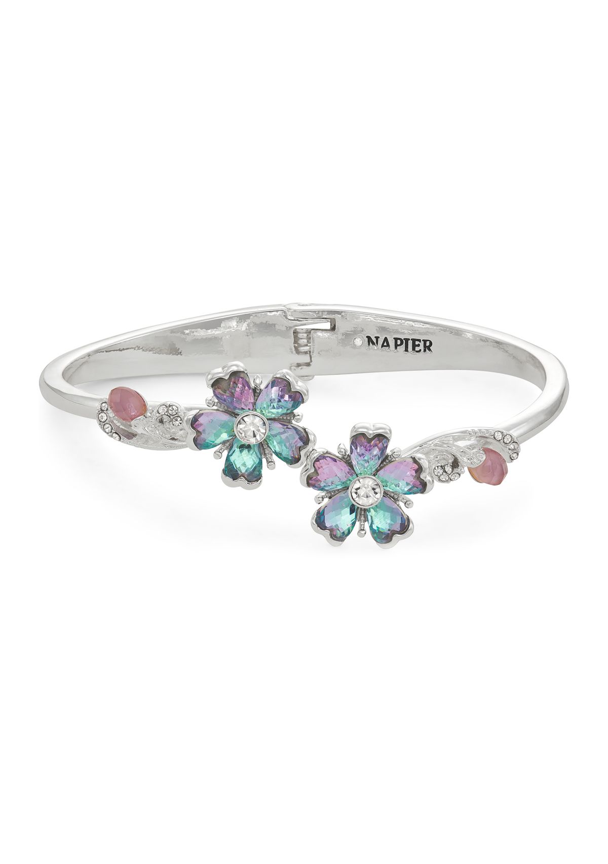 Silver Tone Purple Blue Flower Bangle Bracelet