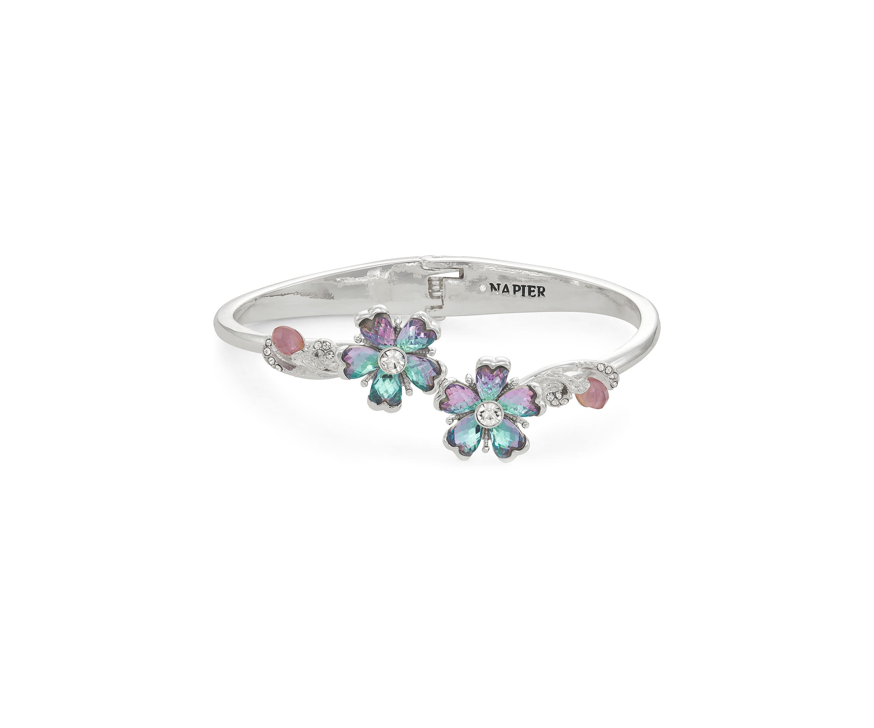 Silver Tone Purple Blue Flower Bangle Bracelet
