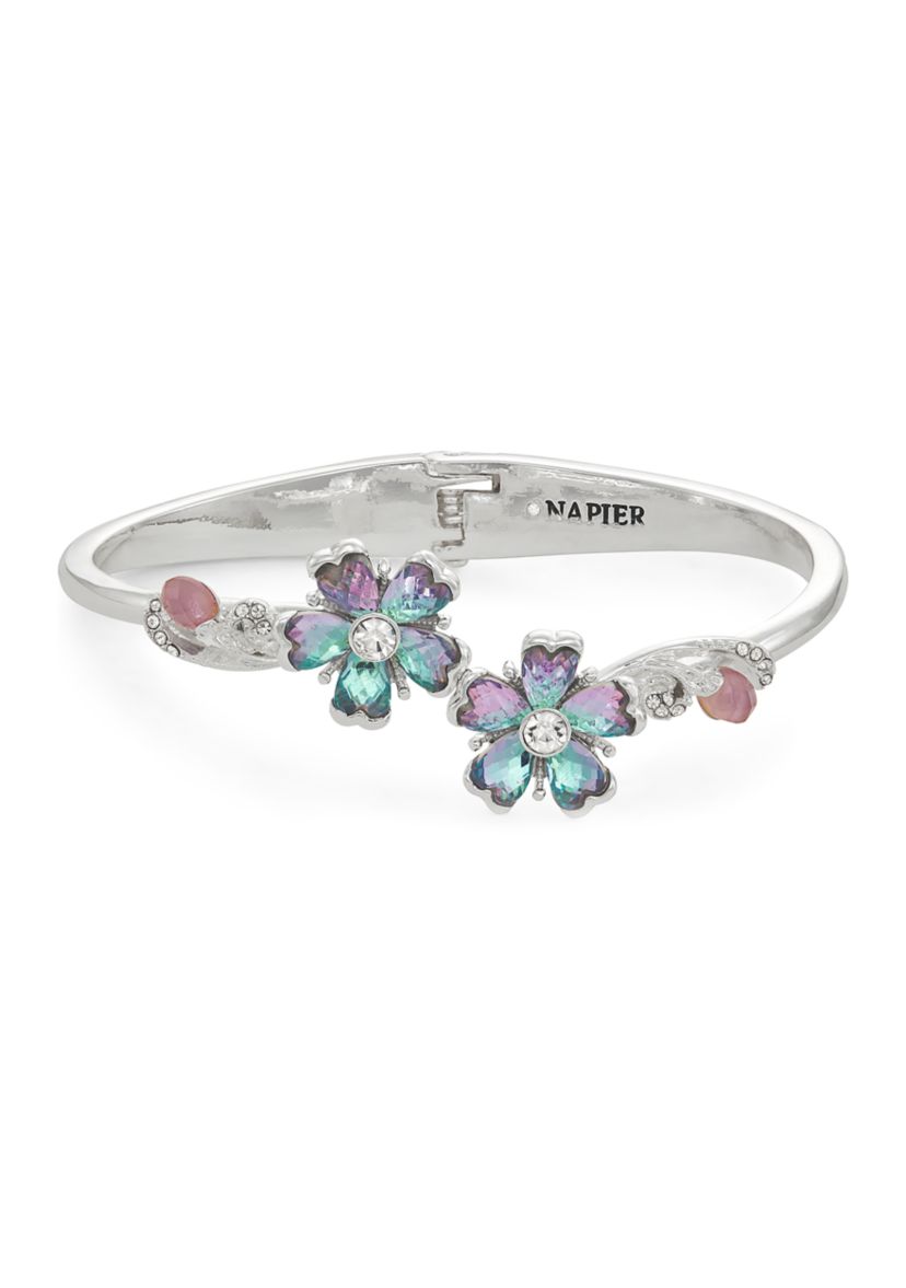Silver Tone Purple Blue Flower Bangle Bracelet
