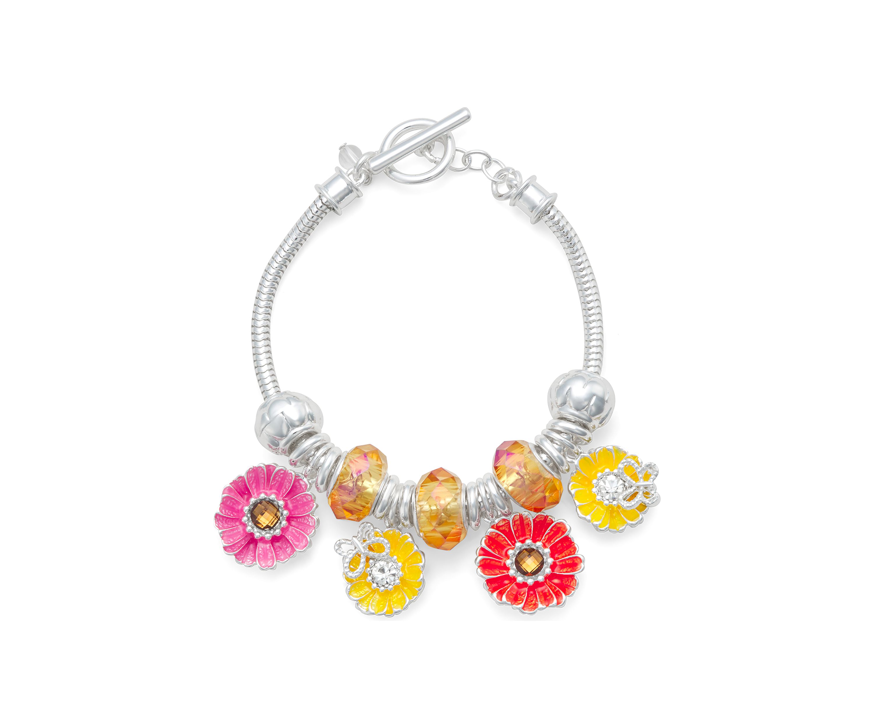 Silver Tone Multi Daisies Charm Slider Bracelet