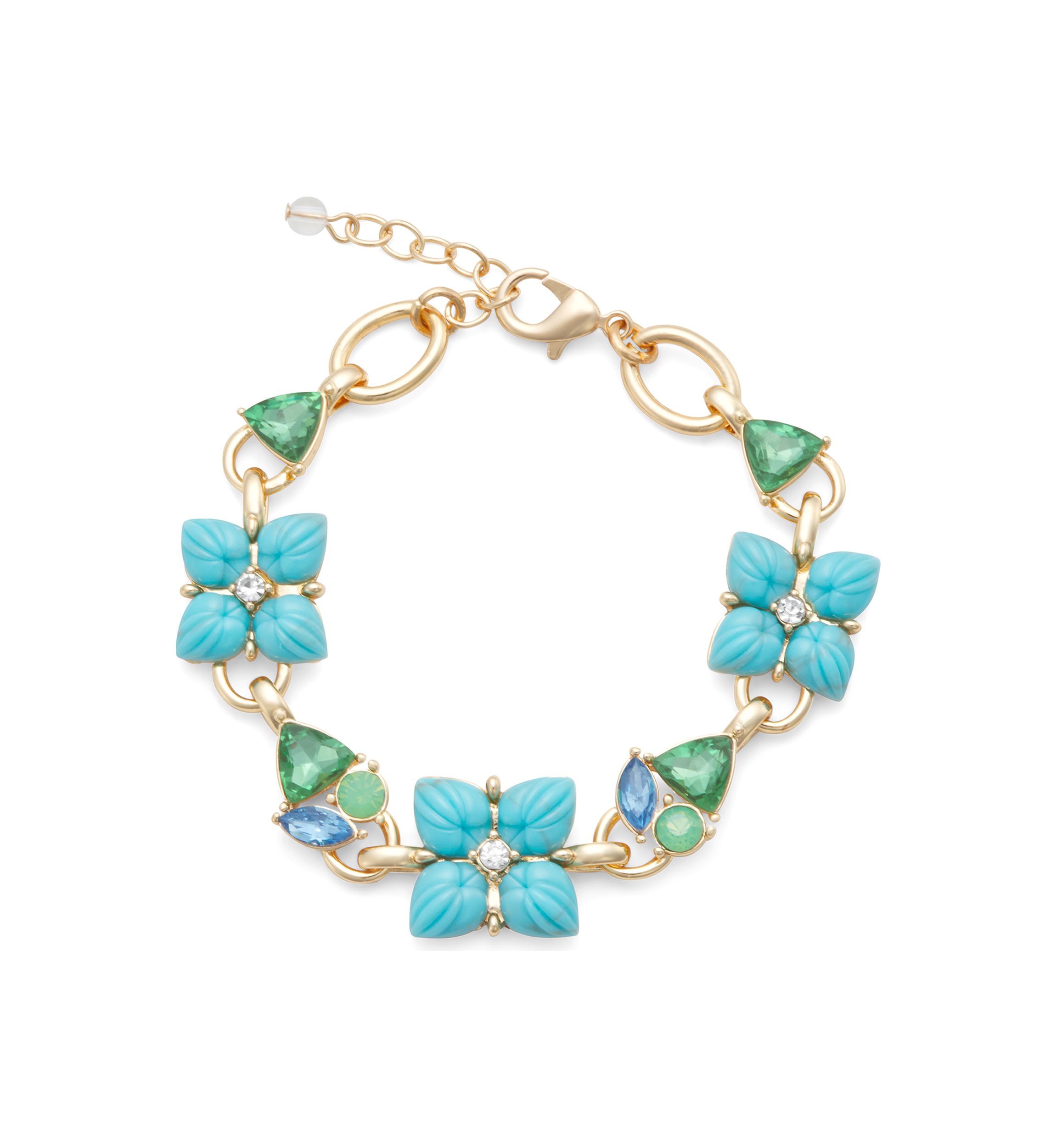 Gold Tone Green Blue Flower Flex Bracelet