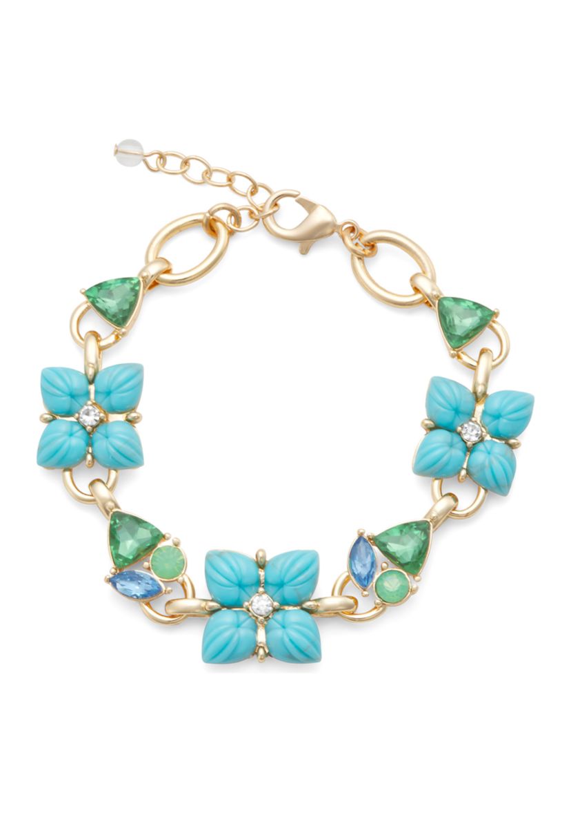Gold Tone Green Blue Flower Flex Bracelet